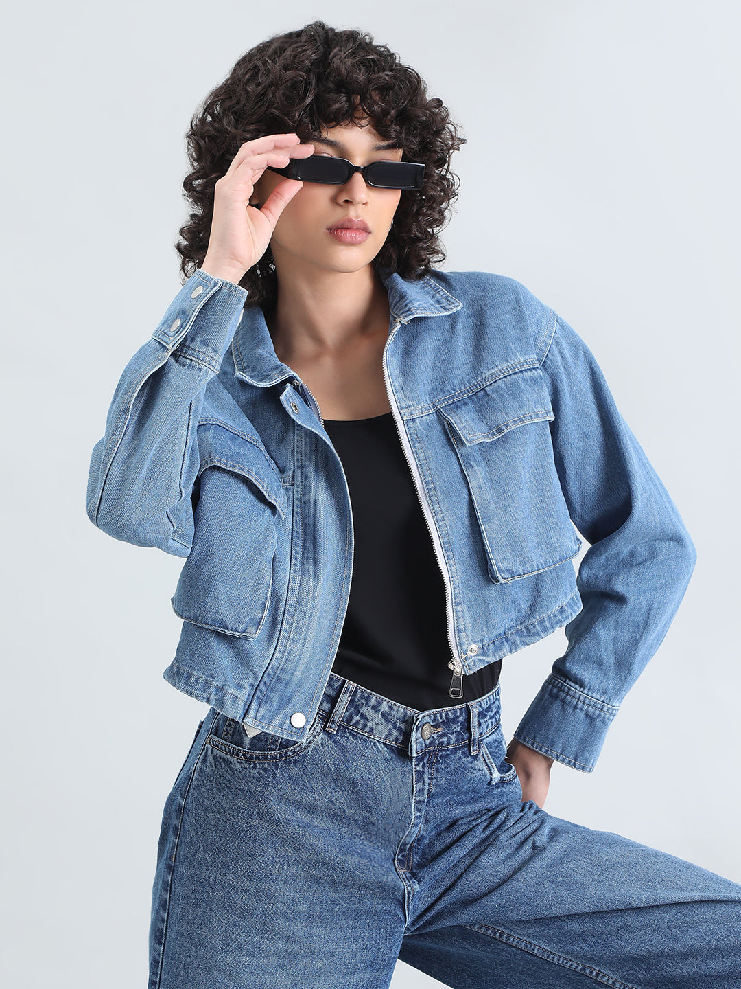 Women's Blue Denim Crop Jacket with Utility Pockets