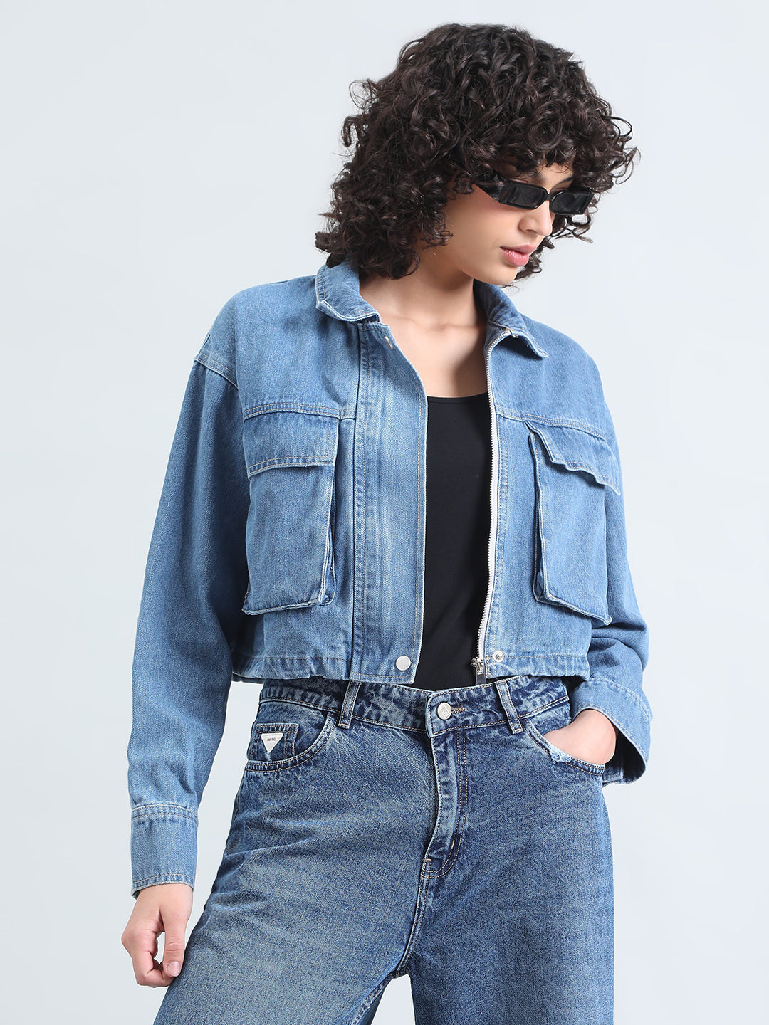 Women's Blue Denim Crop Jacket with Utility Pockets