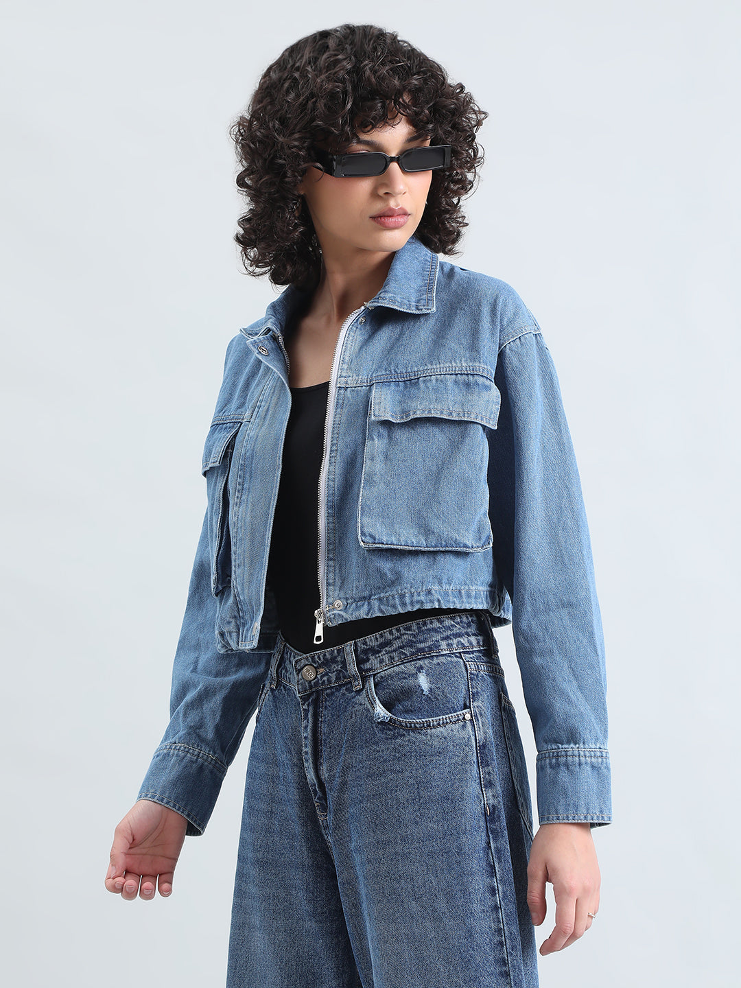 Women's Blue Denim Crop Jacket with Utility Pockets