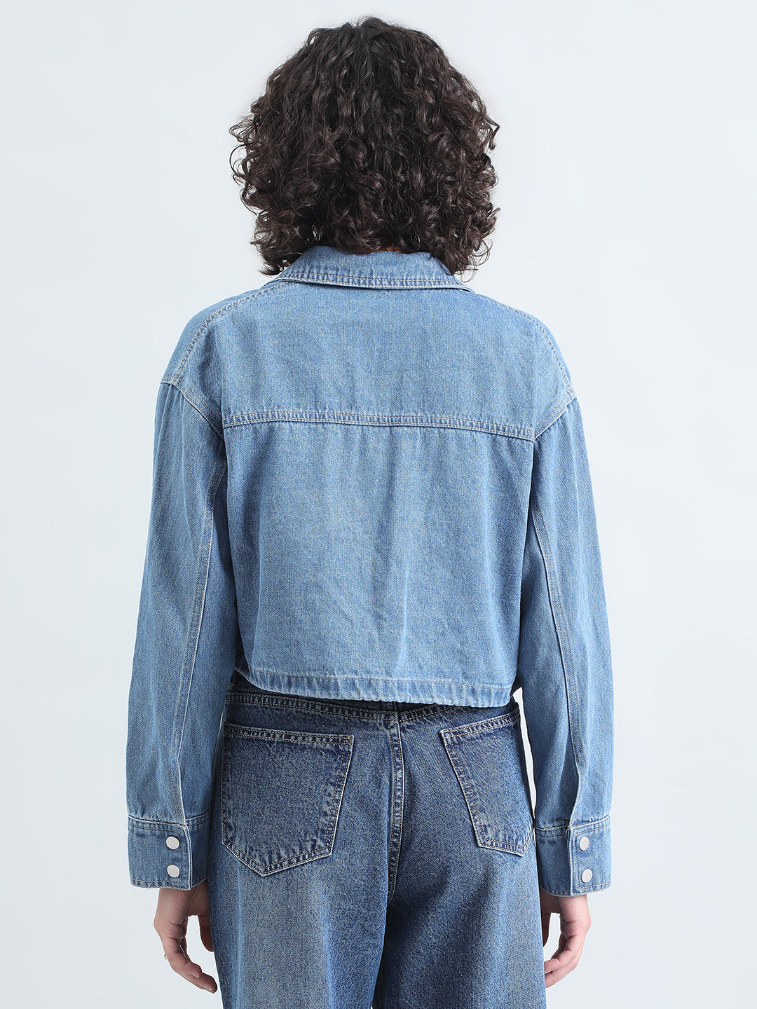 Women's Blue Denim Crop Jacket with Utility Pockets