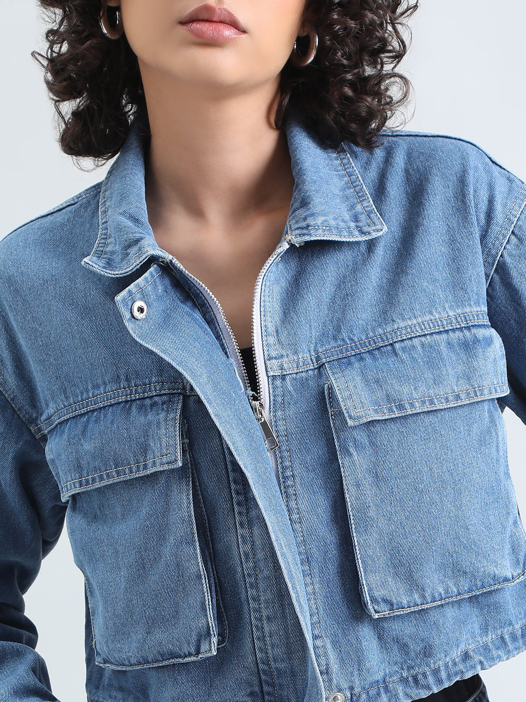 Women's Blue Denim Crop Jacket with Utility Pockets