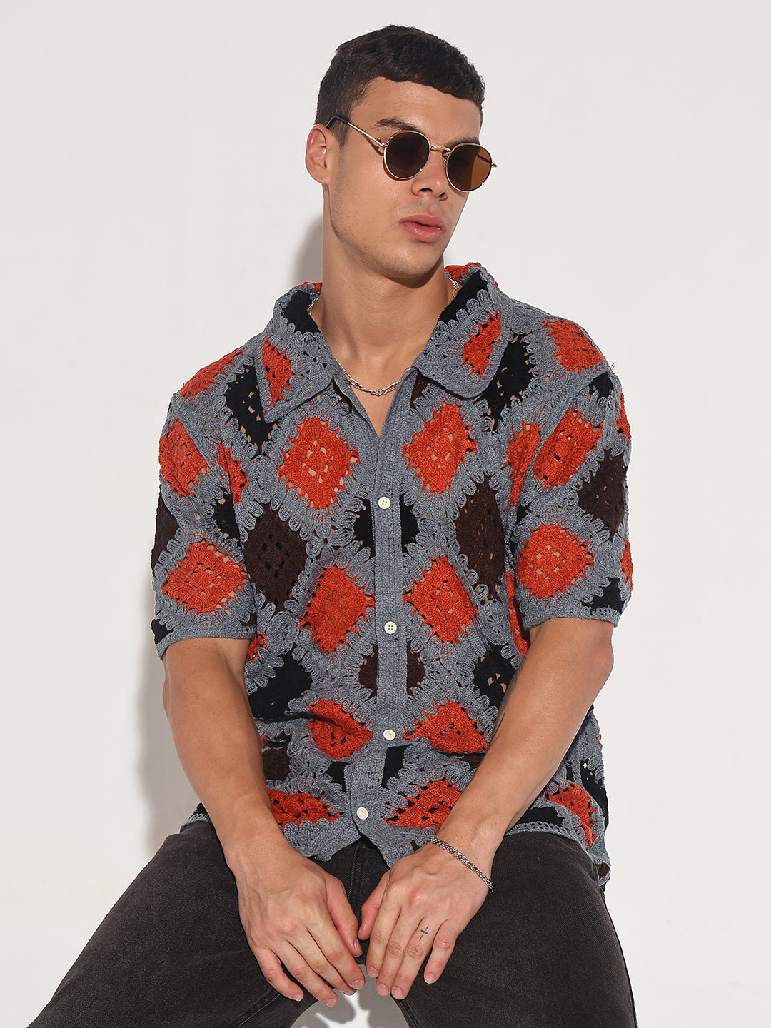 Men's Grey Crochet Knit Short Sleeve Button-Down Shirt