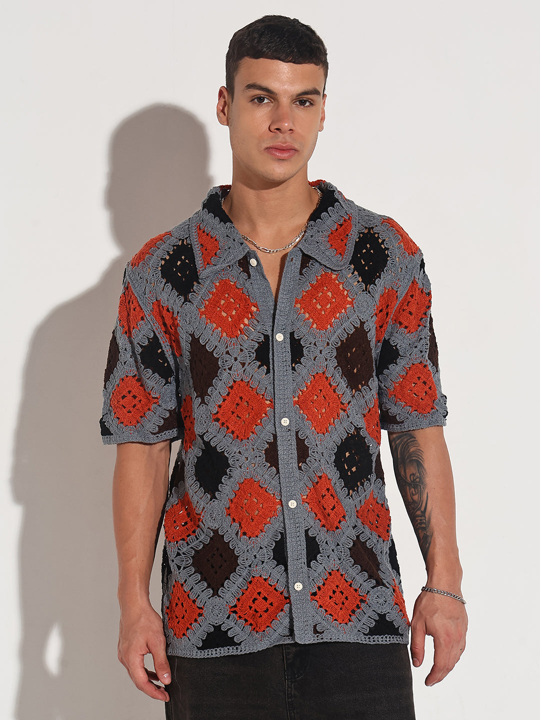 Men's Grey Crochet Knit Short Sleeve Button-Down Shirt