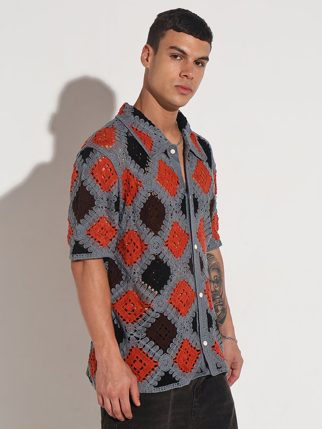 Men's Grey Crochet Knit Short Sleeve Button-Down Shirt