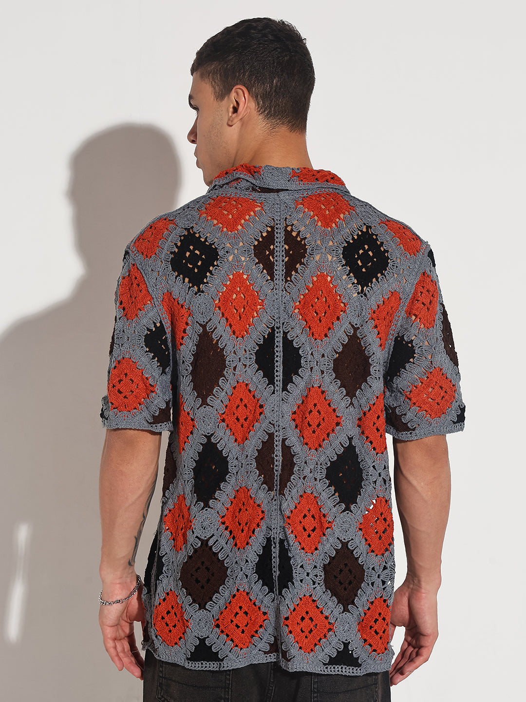 Men's Grey Crochet Knit Short Sleeve Button-Down Shirt