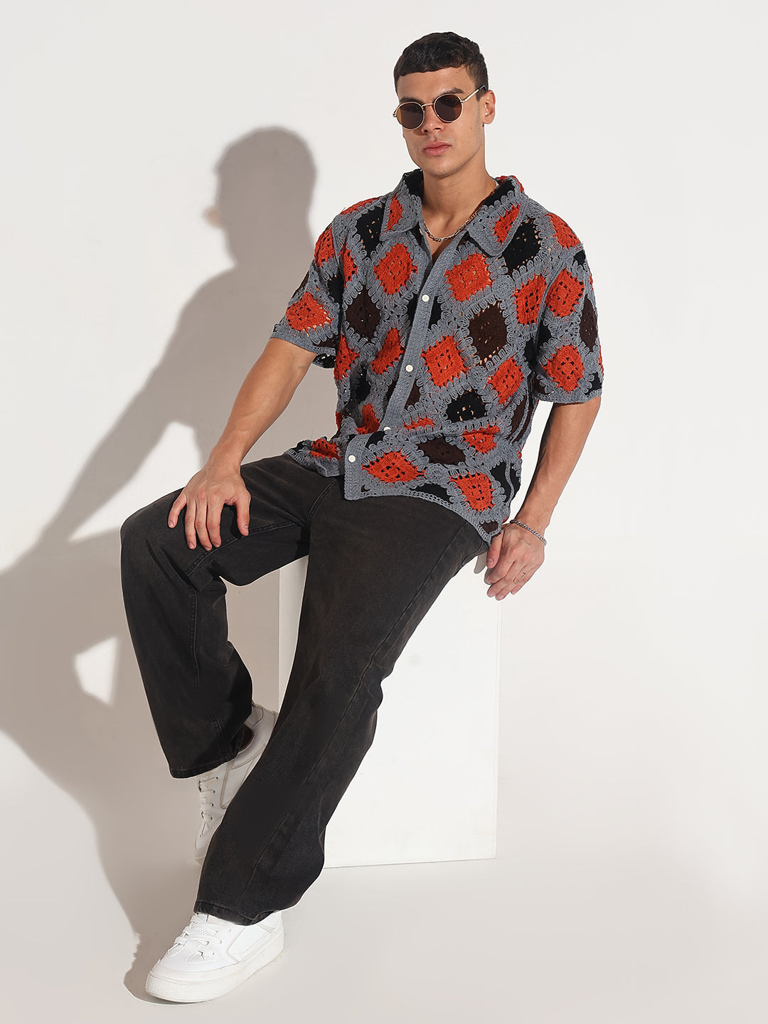 Men's Grey Crochet Knit Short Sleeve Button-Down Shirt