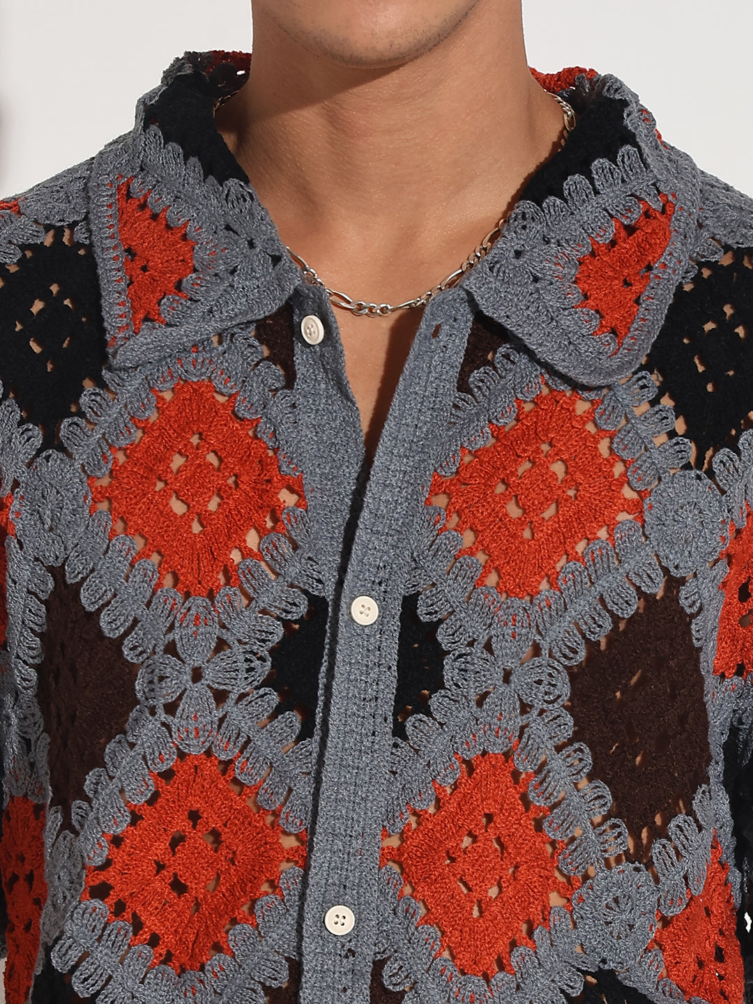 Men's Grey Crochet Knit Short Sleeve Button-Down Shirt