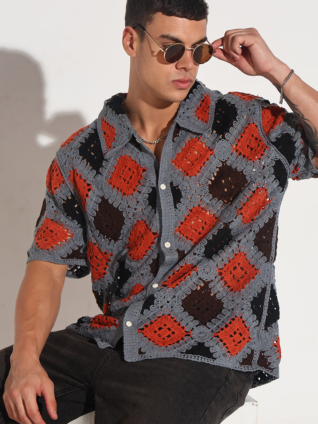 Men's Grey Crochet Knit Short Sleeve Button-Down Shirt