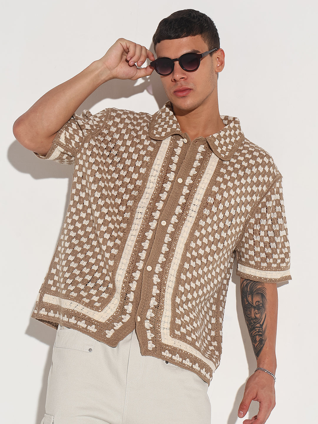 Men's Beige Crochet Knit Short Sleeve Button-Down Shirt