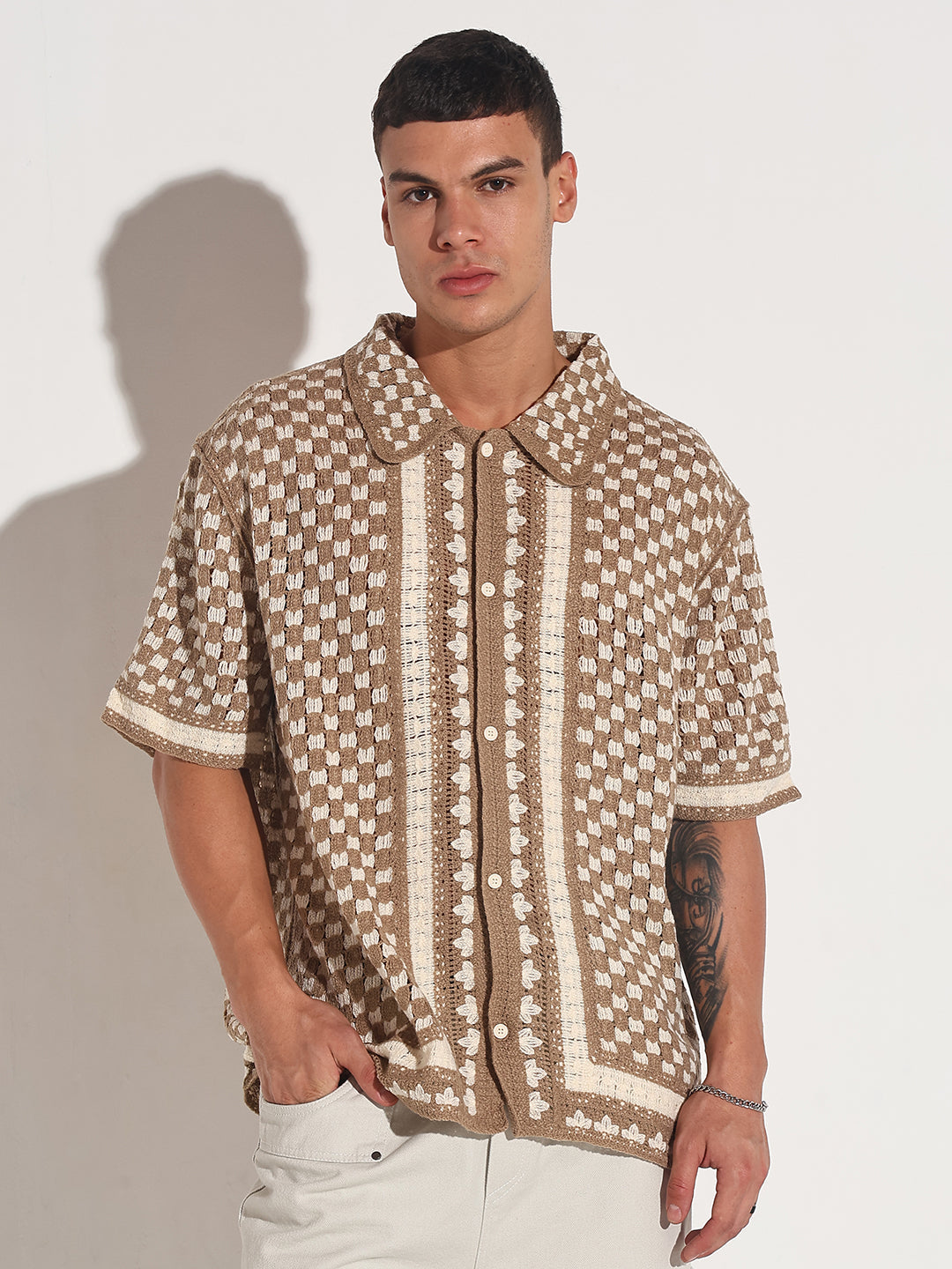 Men's Beige Crochet Knit Short Sleeve Button-Down Shirt