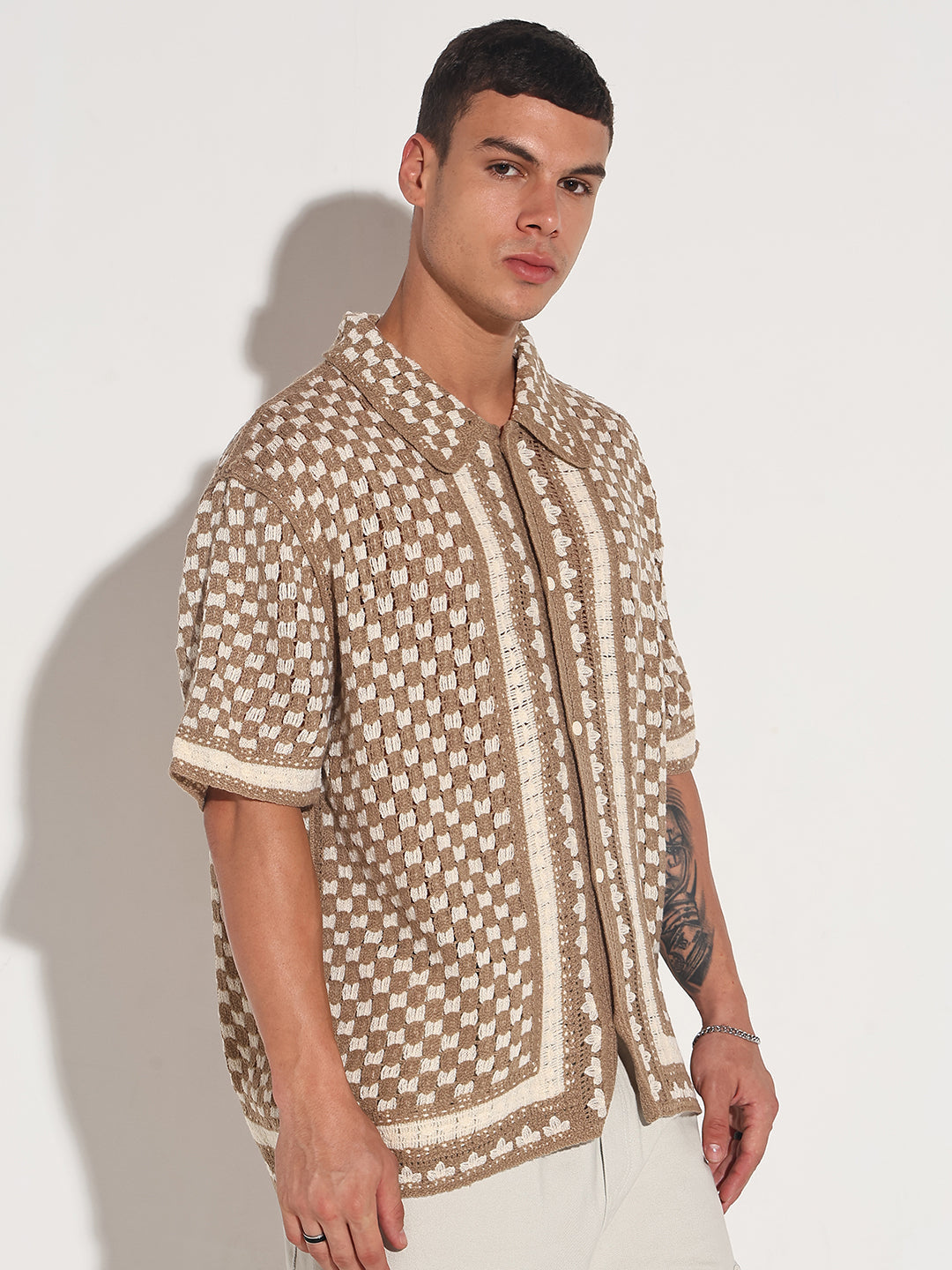 Men's Beige Crochet Knit Short Sleeve Button-Down Shirt