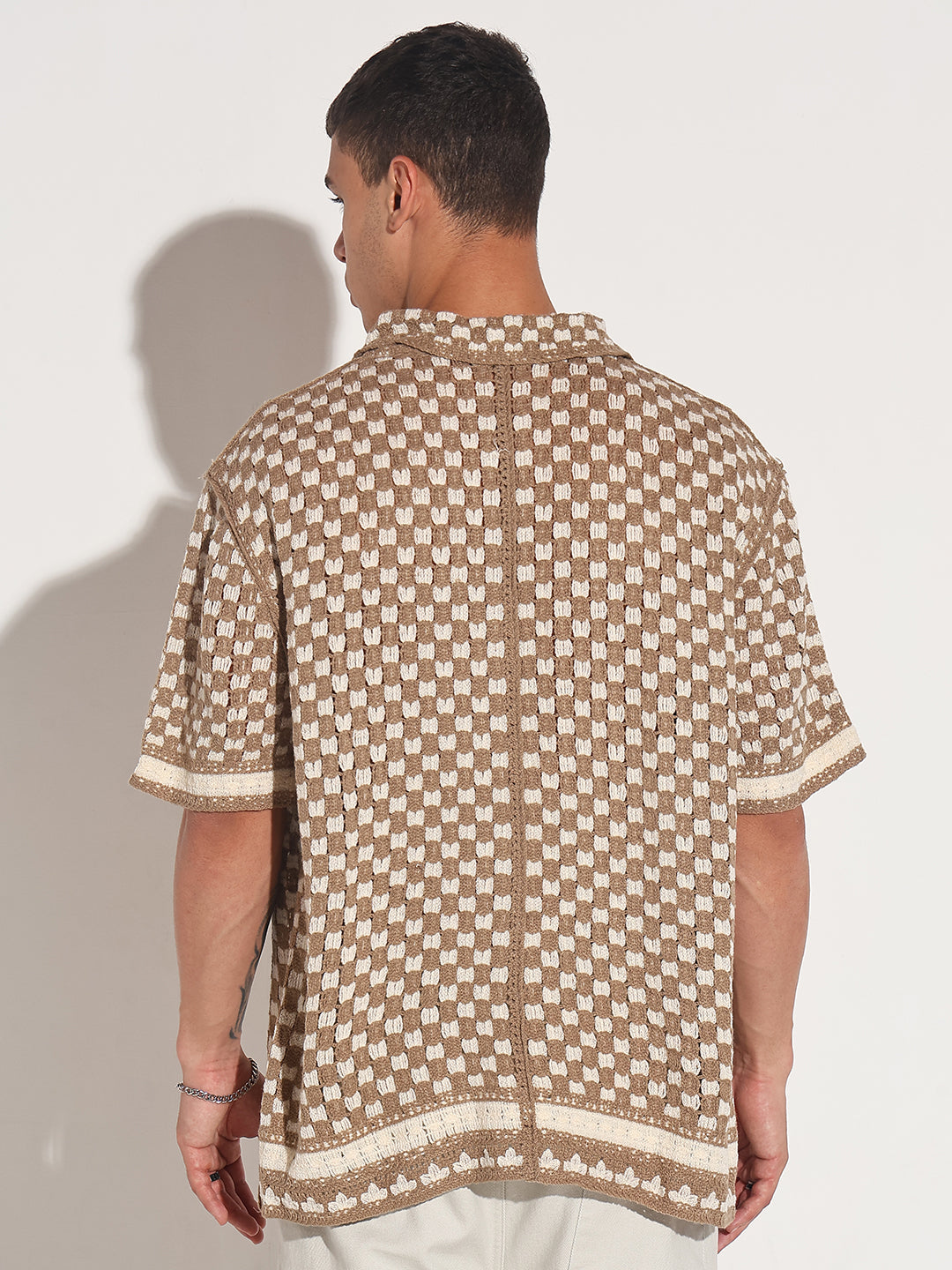 Men's Beige Crochet Knit Short Sleeve Button-Down Shirt