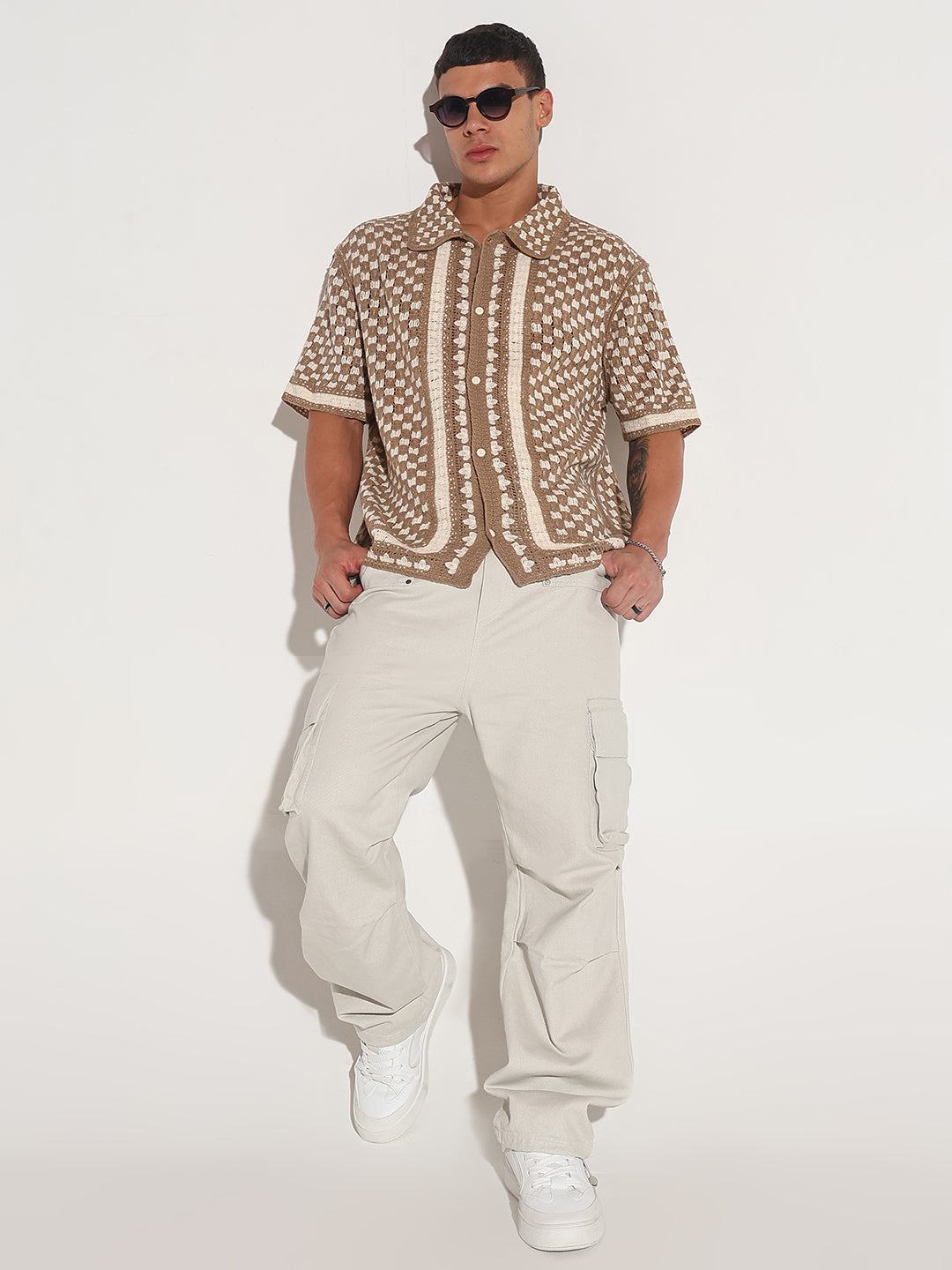 Men's Beige Crochet Knit Short Sleeve Button-Down Shirt