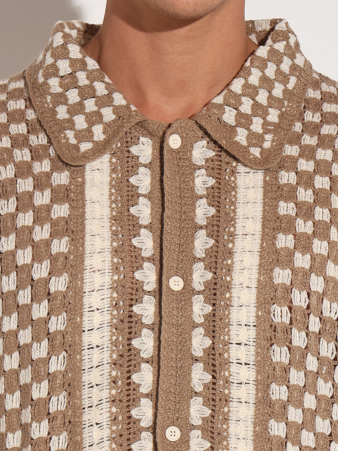 Men's Beige Crochet Knit Short Sleeve Button-Down Shirt