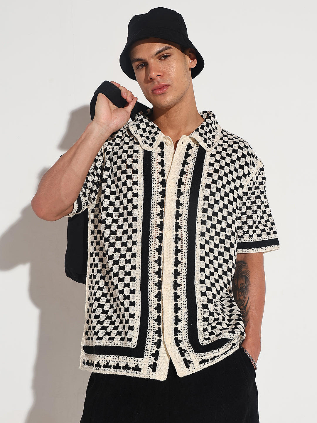 Men's Black Crochet Knit Short Sleeve Button-Down Shirt
