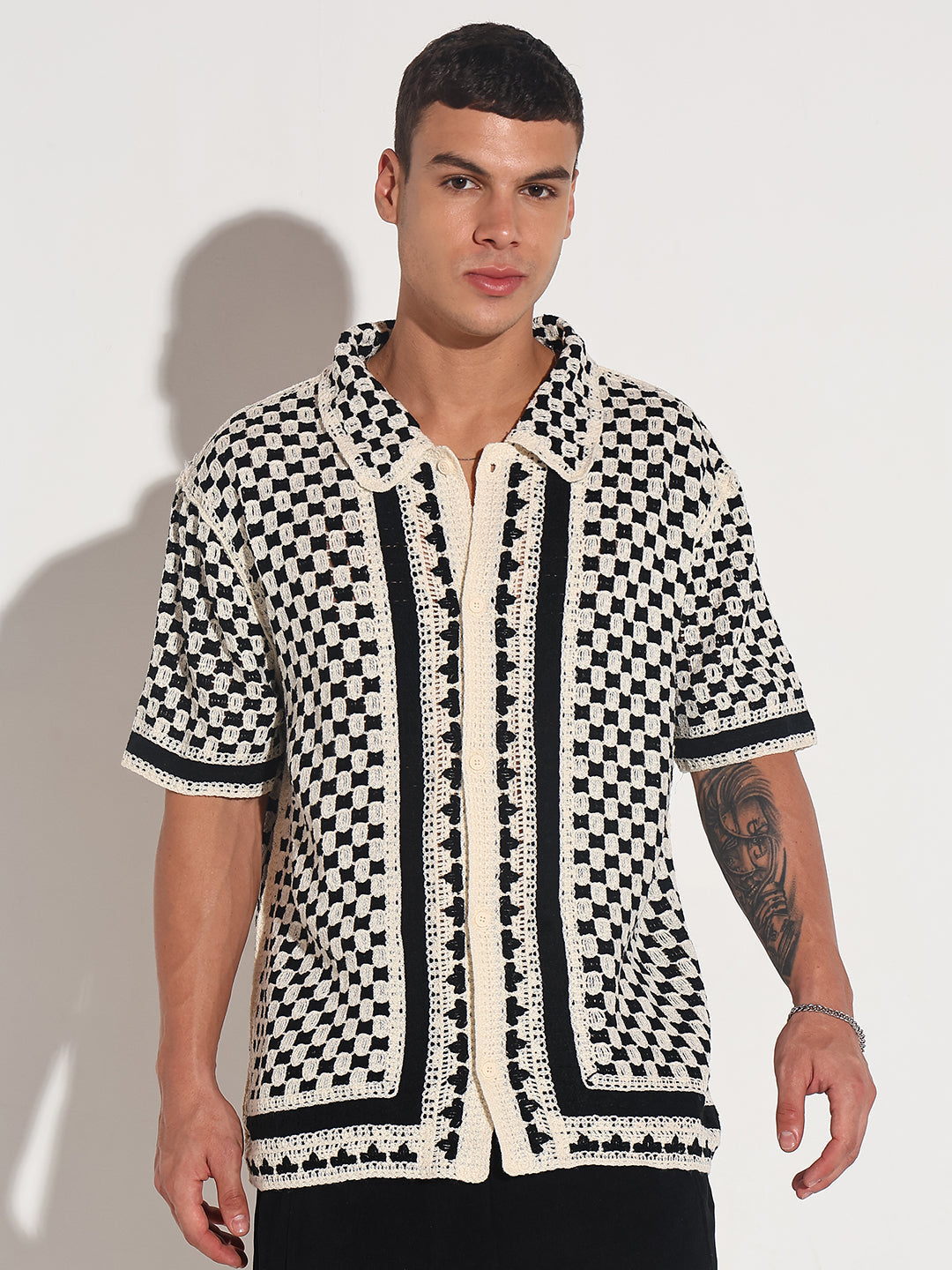 Men's Black Crochet Knit Short Sleeve Button-Down Shirt