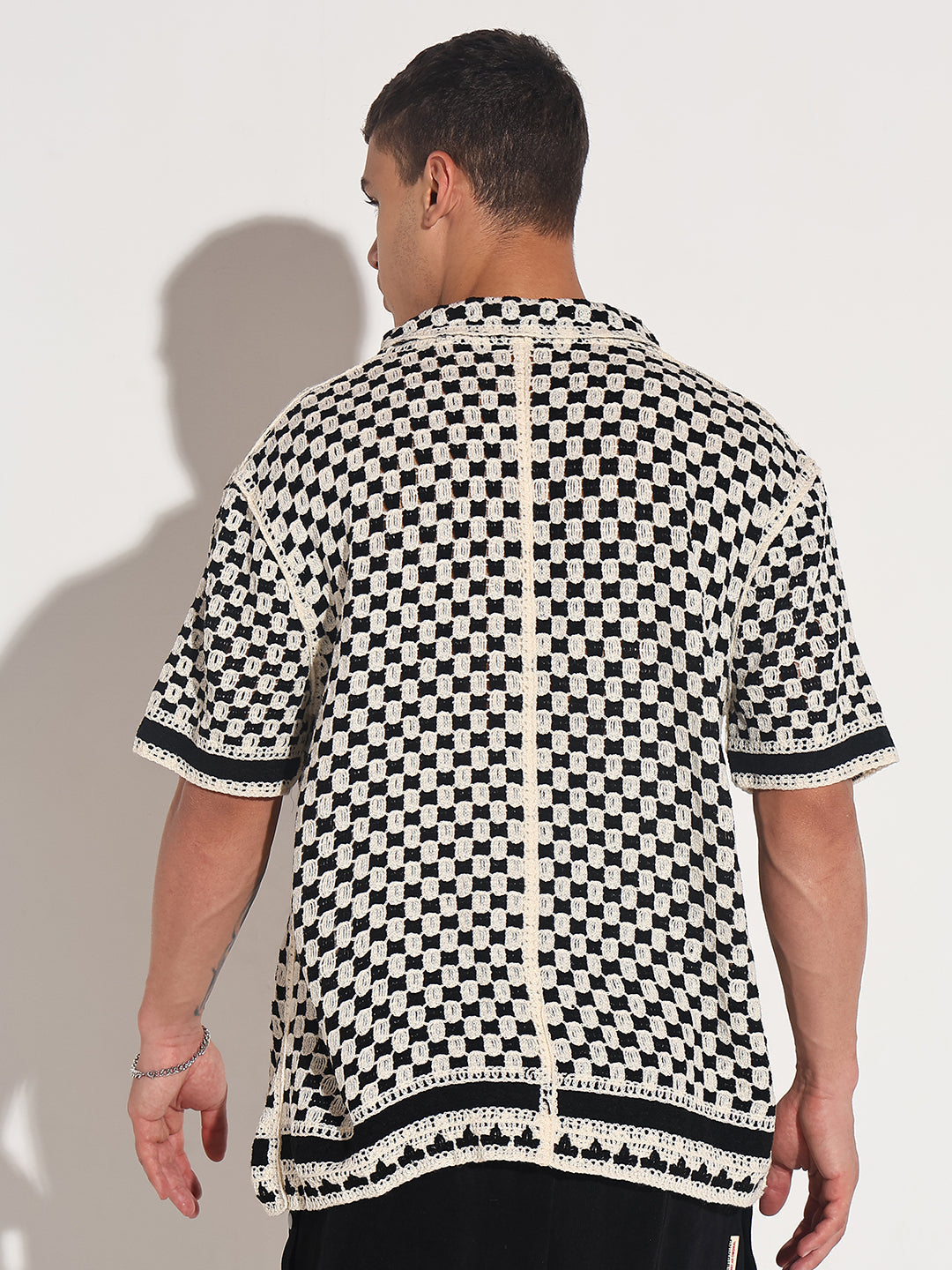 Men's Black Crochet Knit Short Sleeve Button-Down Shirt