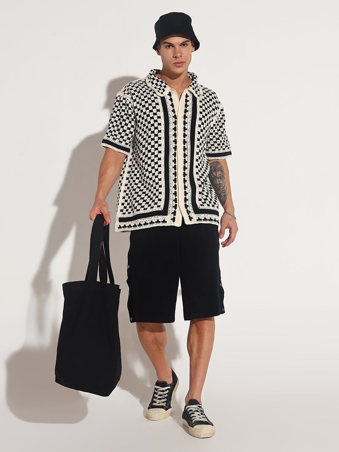 Men's Black Crochet Knit Short Sleeve Button-Down Shirt