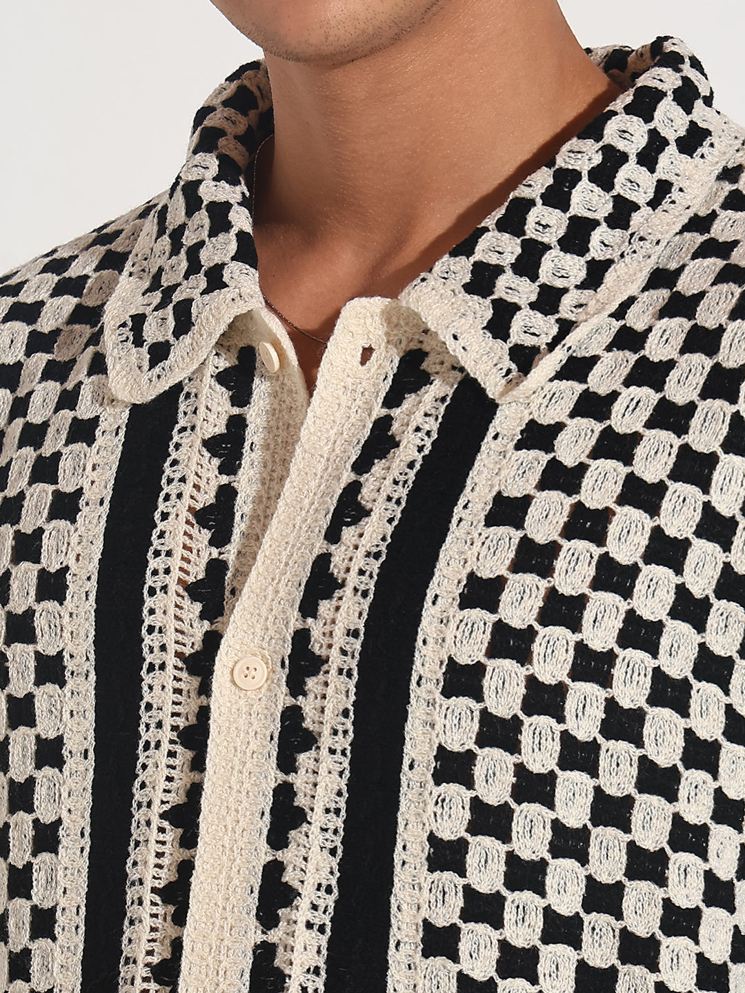 Men's Black Crochet Knit Short Sleeve Button-Down Shirt