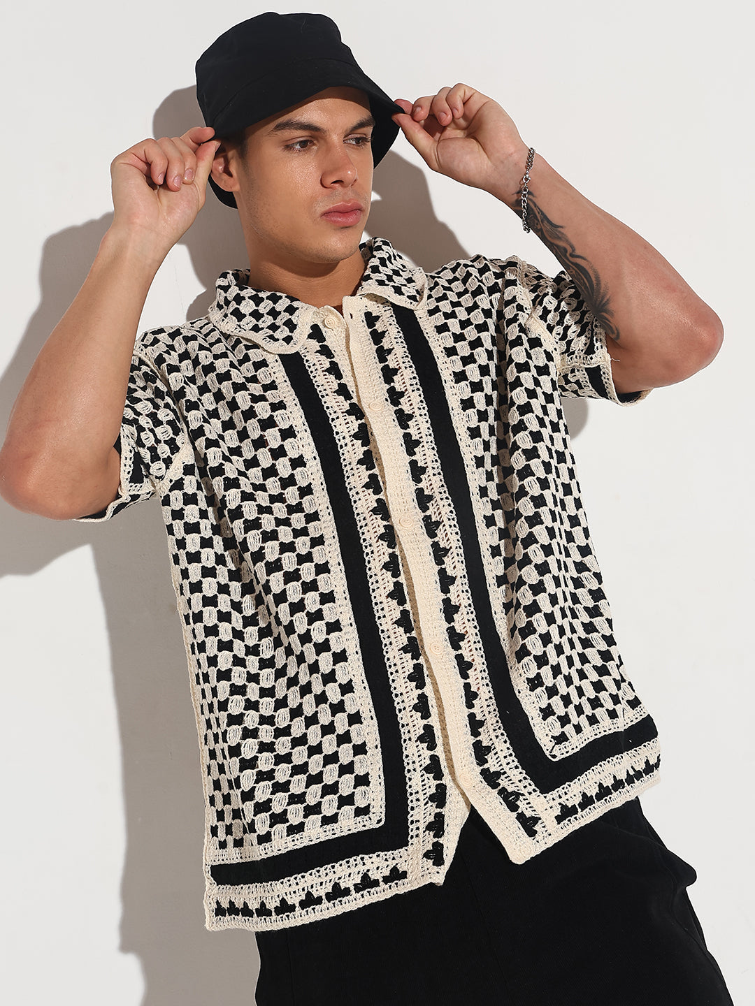 Men's Black Crochet Knit Short Sleeve Button-Down Shirt