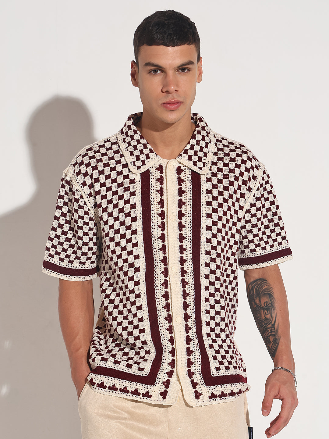 Men's Maroon Crochet Knit Short Sleeve Button-Down Shirt