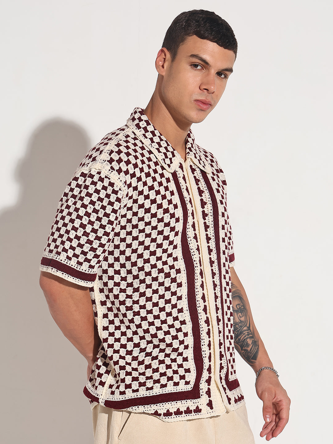 Men's Maroon Crochet Knit Short Sleeve Button-Down Shirt