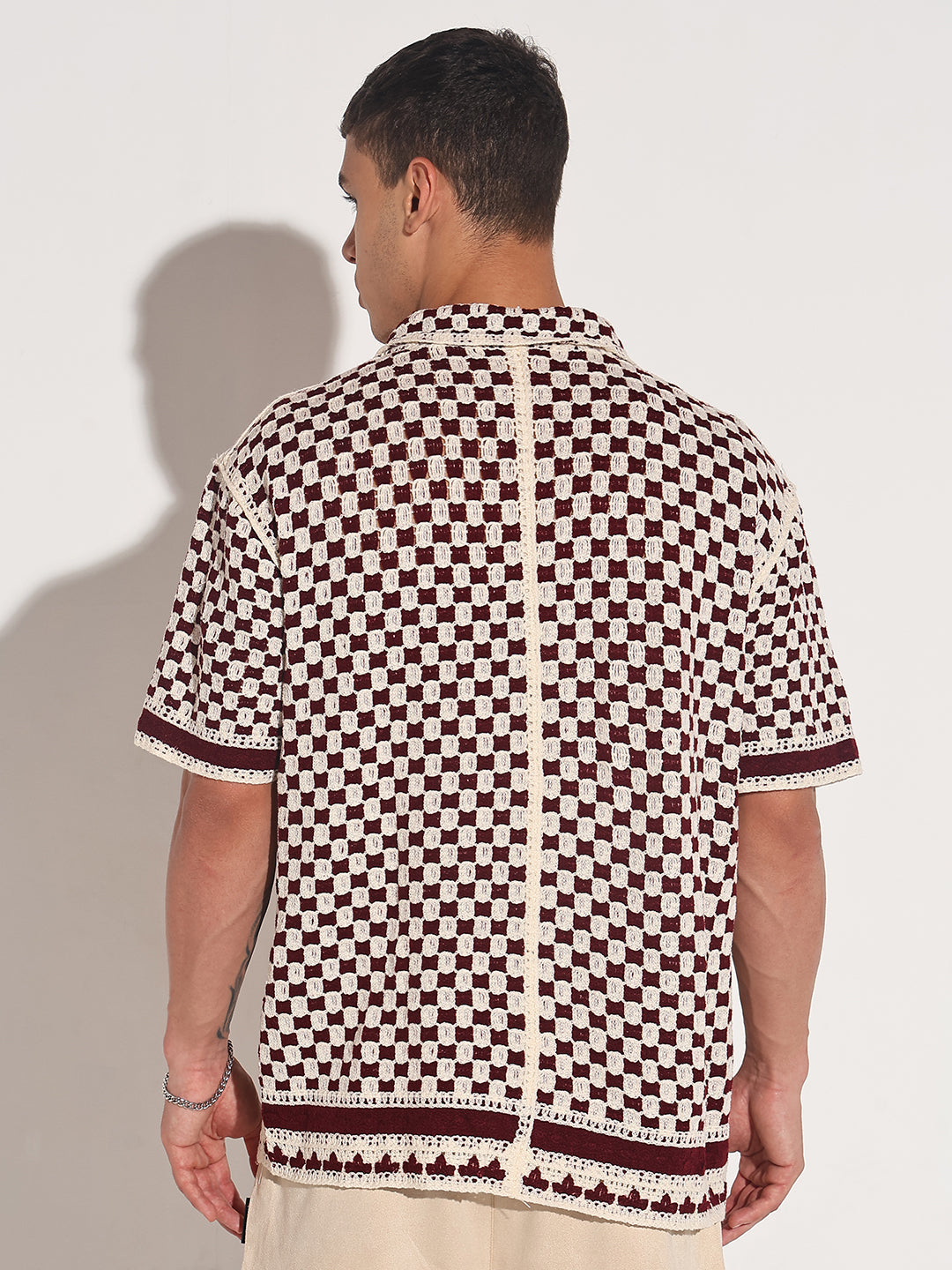 Men's Maroon Crochet Knit Short Sleeve Button-Down Shirt
