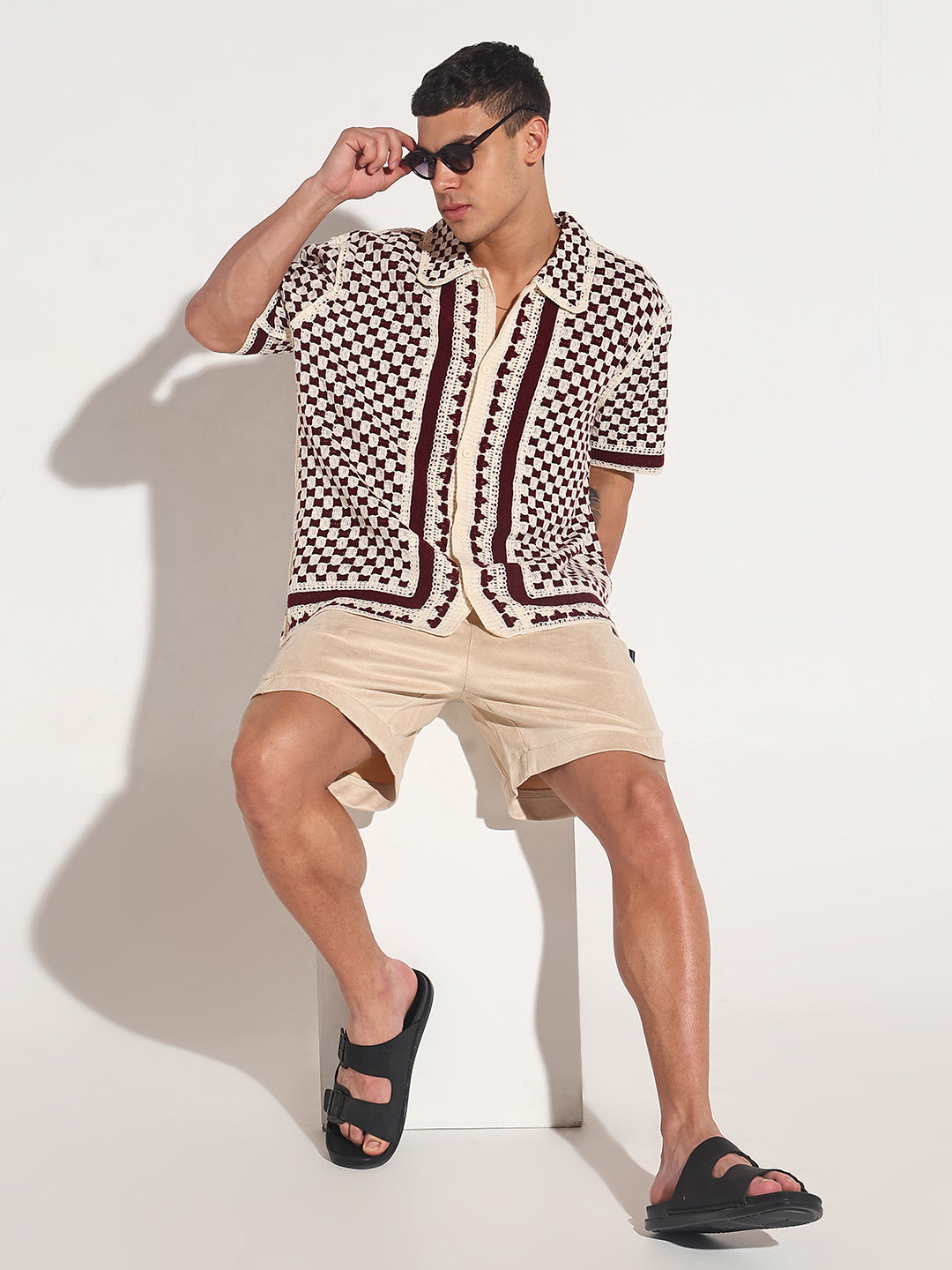 Men's Maroon Crochet Knit Short Sleeve Button-Down Shirt