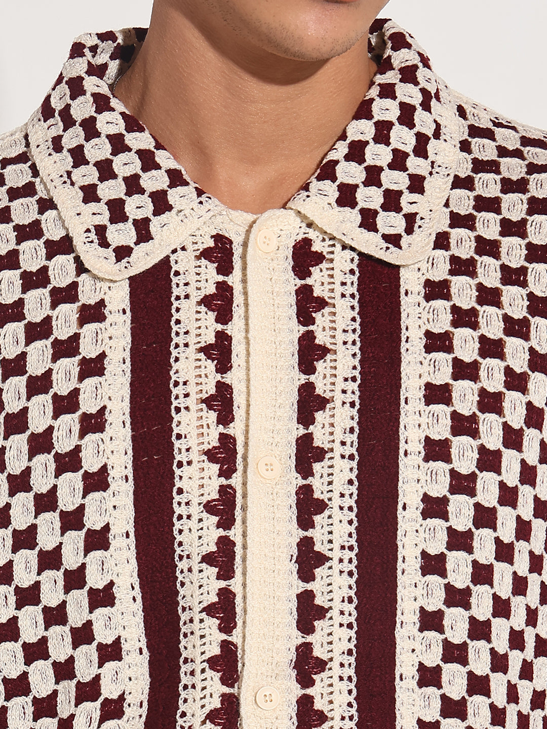 Men's Maroon Crochet Knit Short Sleeve Button-Down Shirt