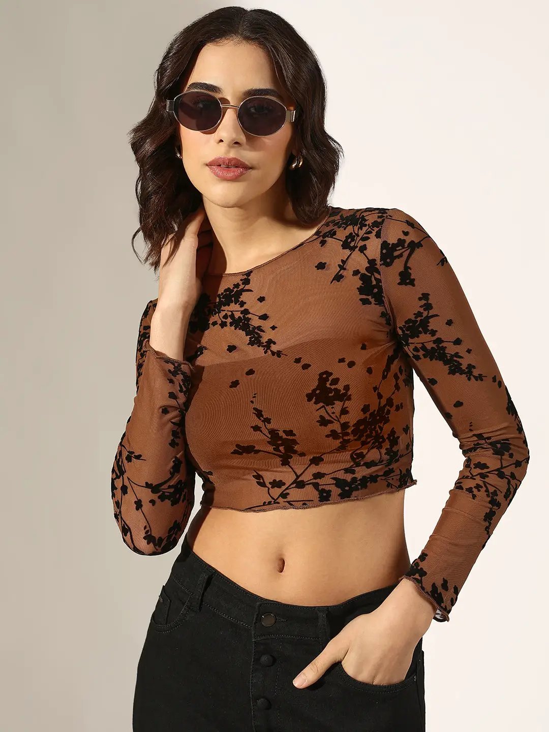 Women's Brown Floral Velvet Applique Mesh Crop Top - Uncategorized from SHOWOFFFF