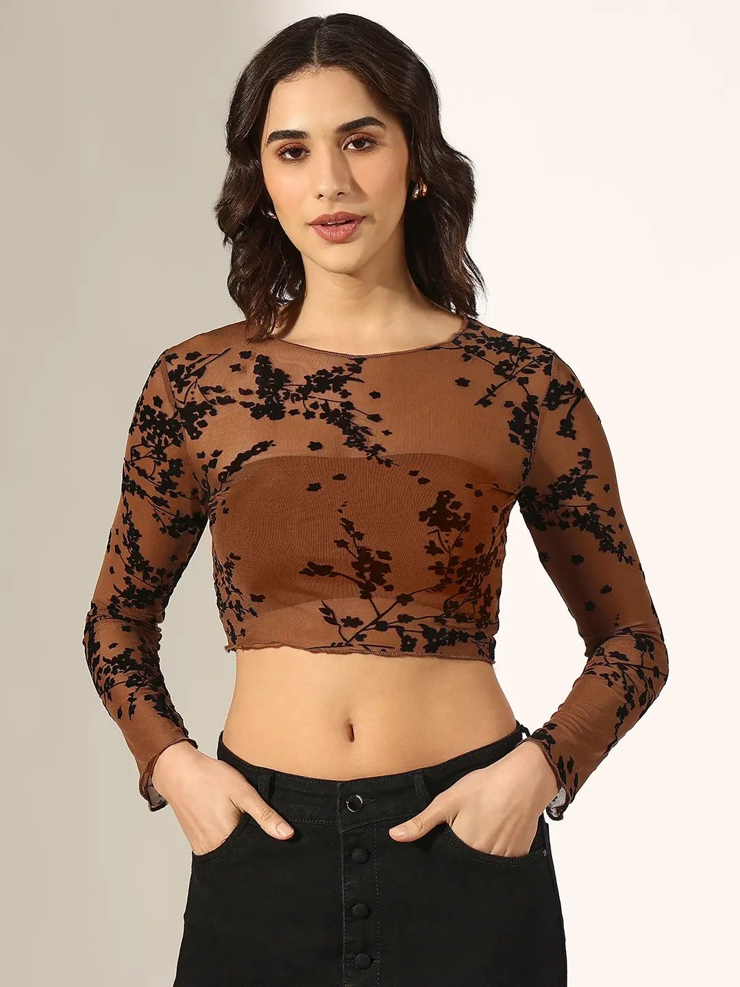 Women's Brown Floral Velvet Applique Mesh Crop Top - Uncategorized from SHOWOFFFF
