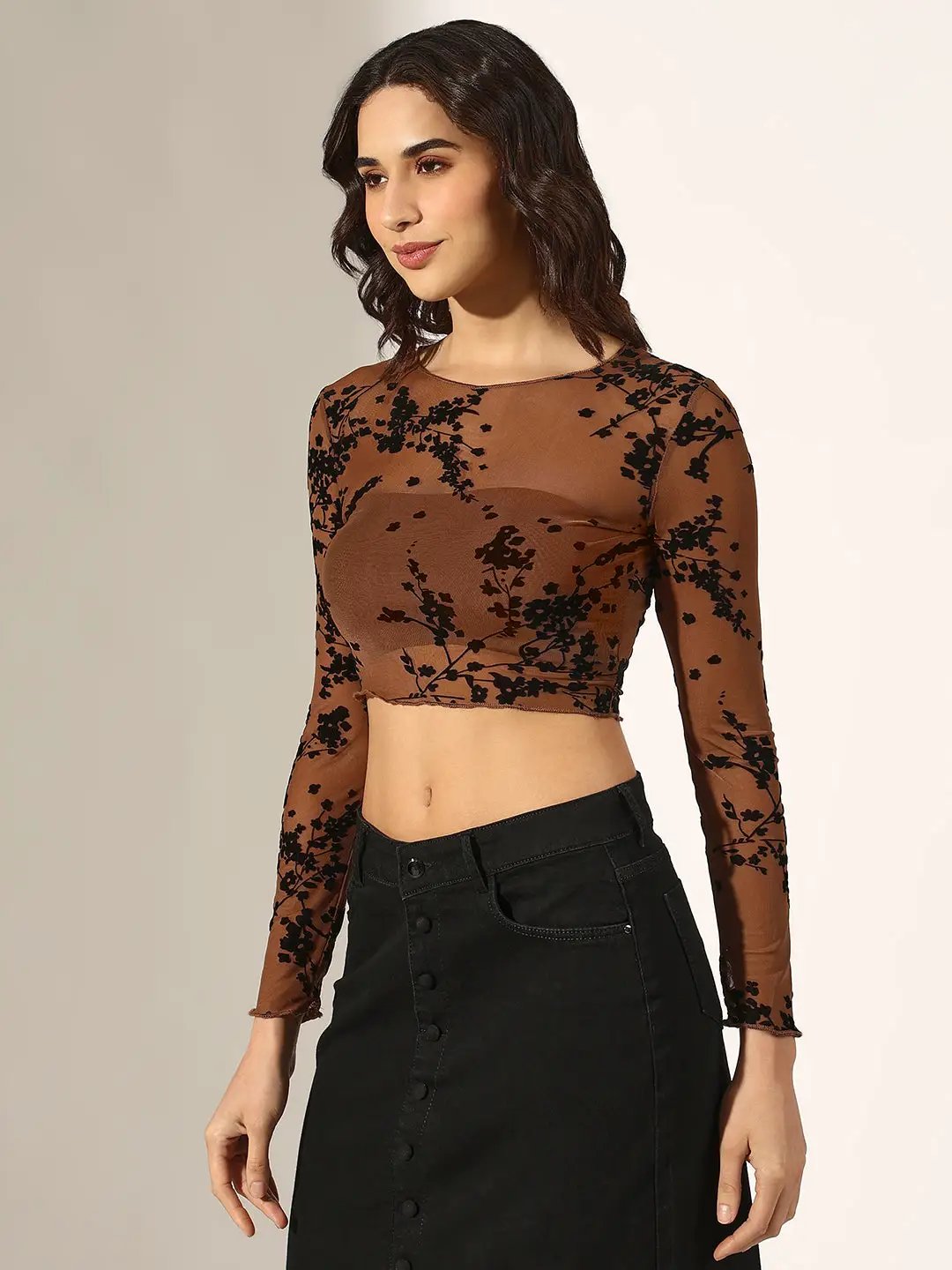 Women's Brown Floral Velvet Applique Mesh Crop Top - Uncategorized from SHOWOFFFF