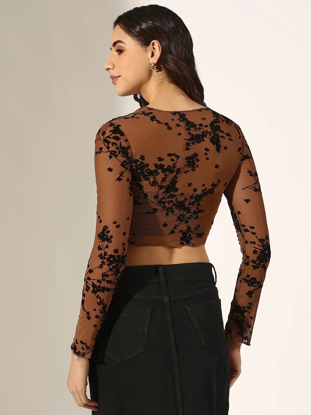 Women's Brown Floral Velvet Applique Mesh Crop Top - Uncategorized from SHOWOFFFF