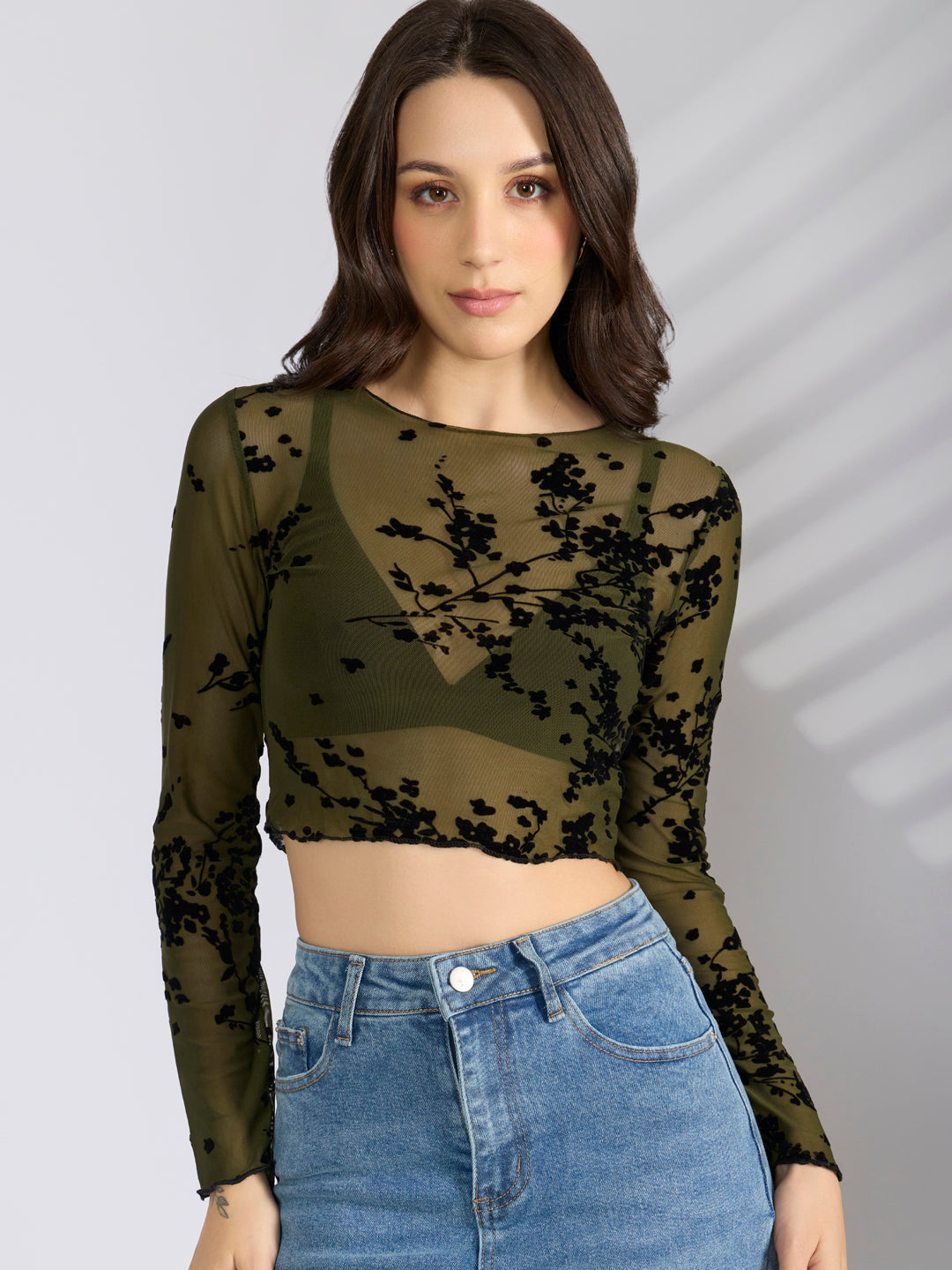 Women's Floral Olive Full Sleeve Mesh Crop Top