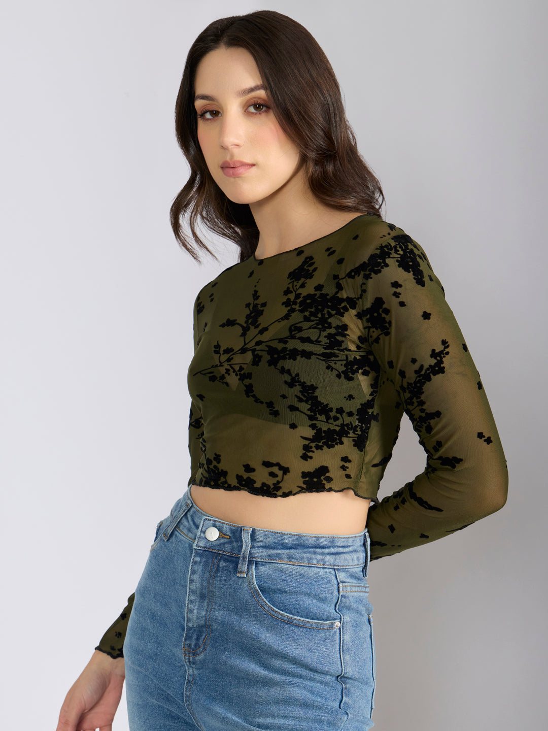 Women's Floral Olive Full Sleeve Mesh Crop Top