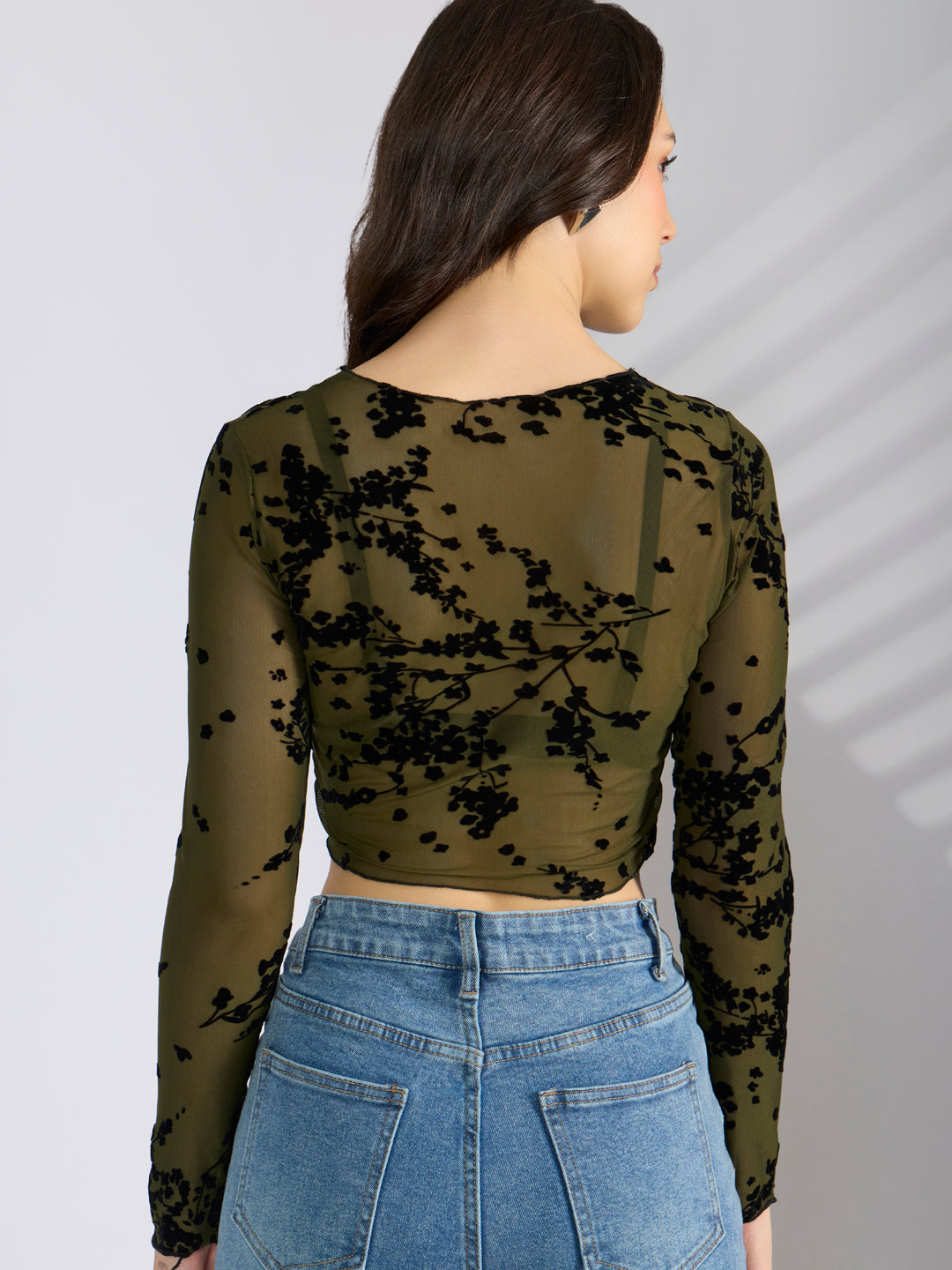 Women's Floral Olive Full Sleeve Mesh Crop Top