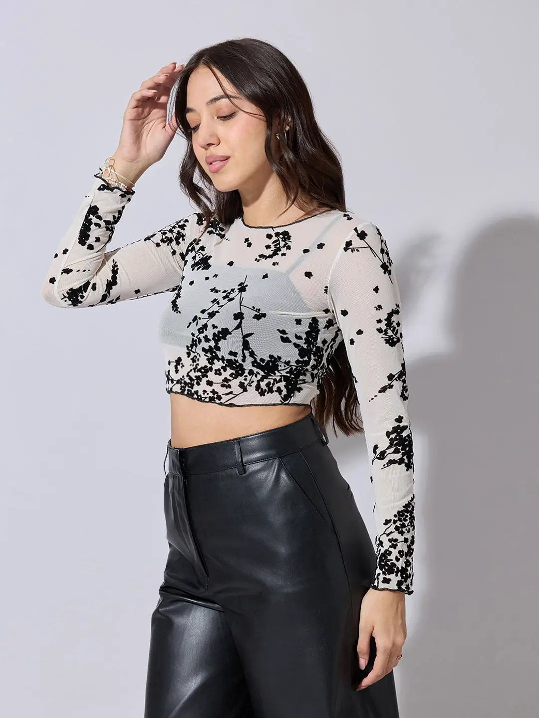 Women's Floral Print White Sheer Mesh Crop Top - from SHOWOFFFF