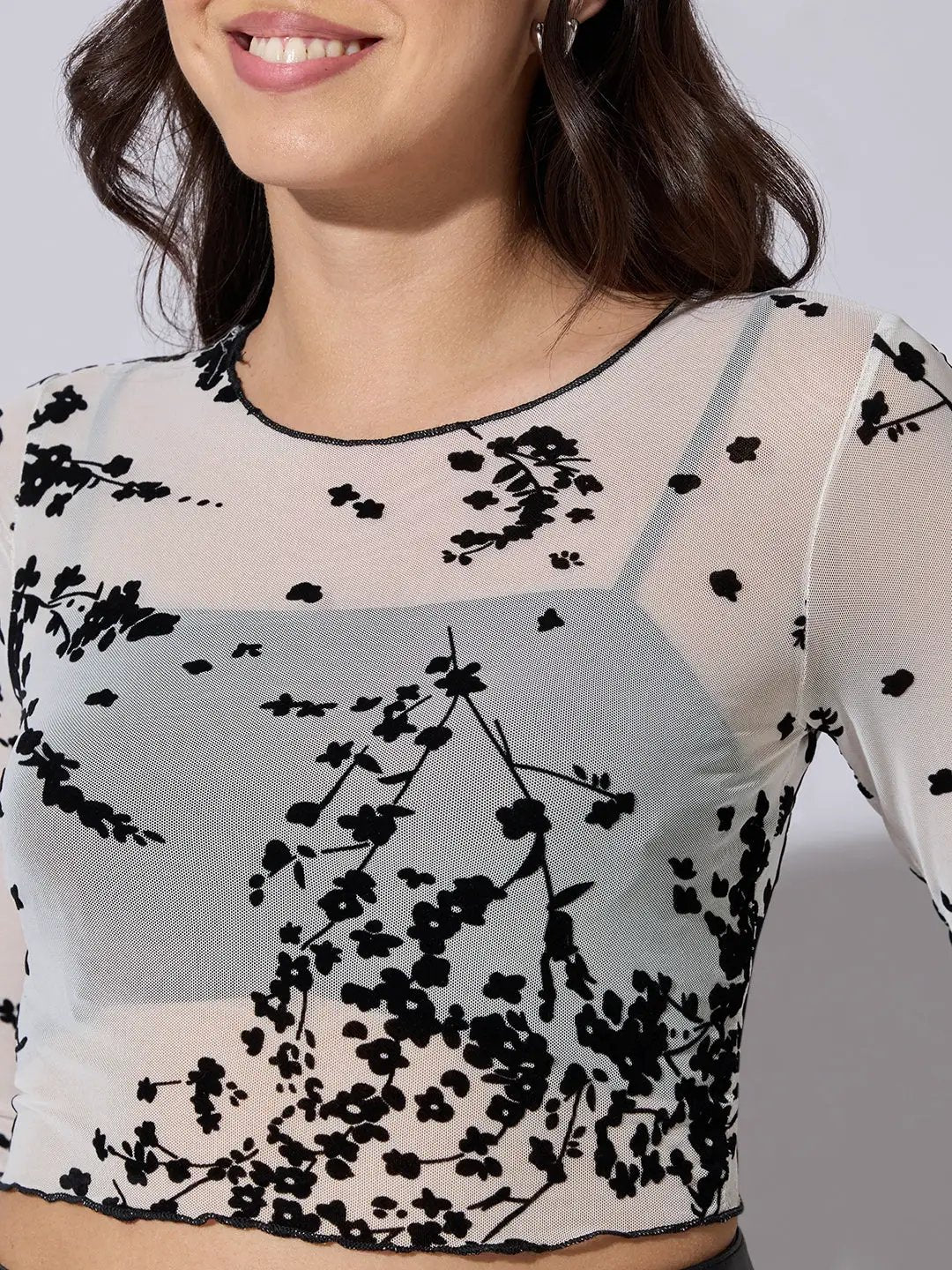 Women's Floral Print White Sheer Mesh Crop Top - from SHOWOFFFF