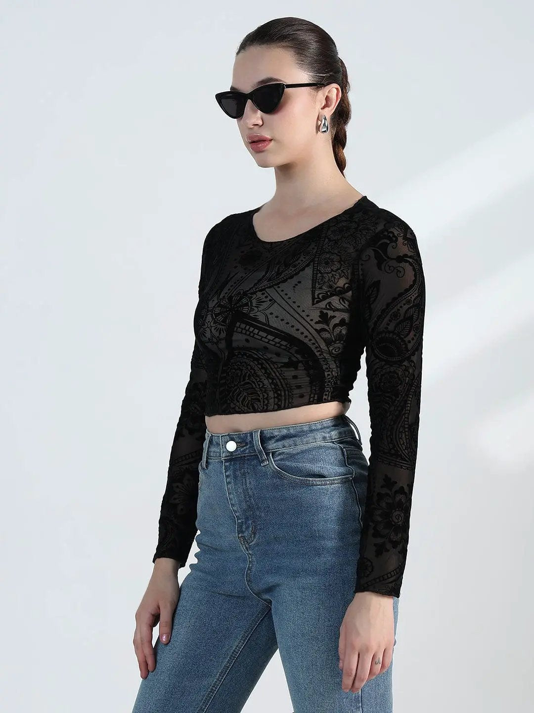 Buy Women's Printed Round Neck Black Mesh Crop Top | Showoffff