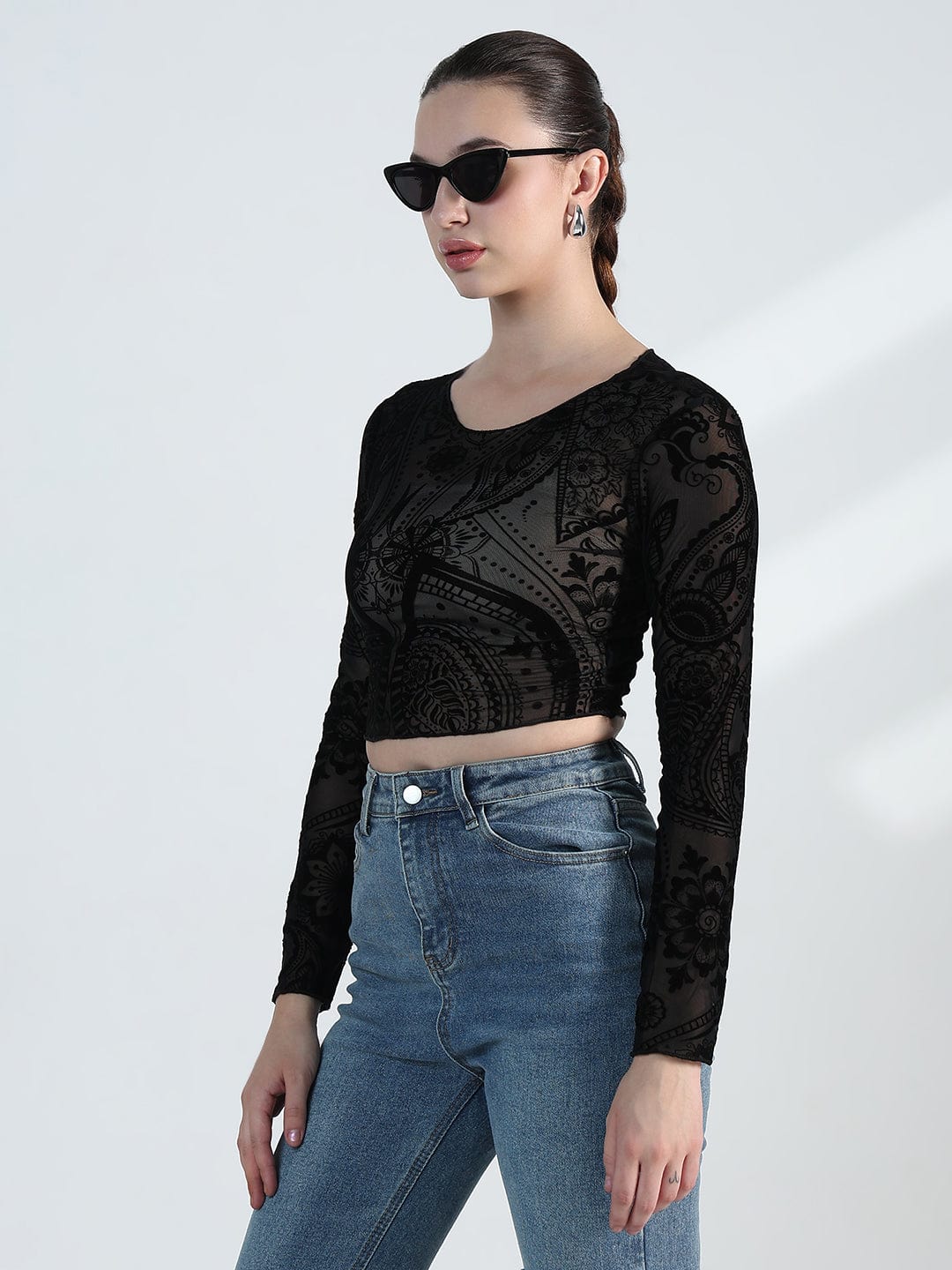Women's Printed Round Neck Black Mesh Crop Top