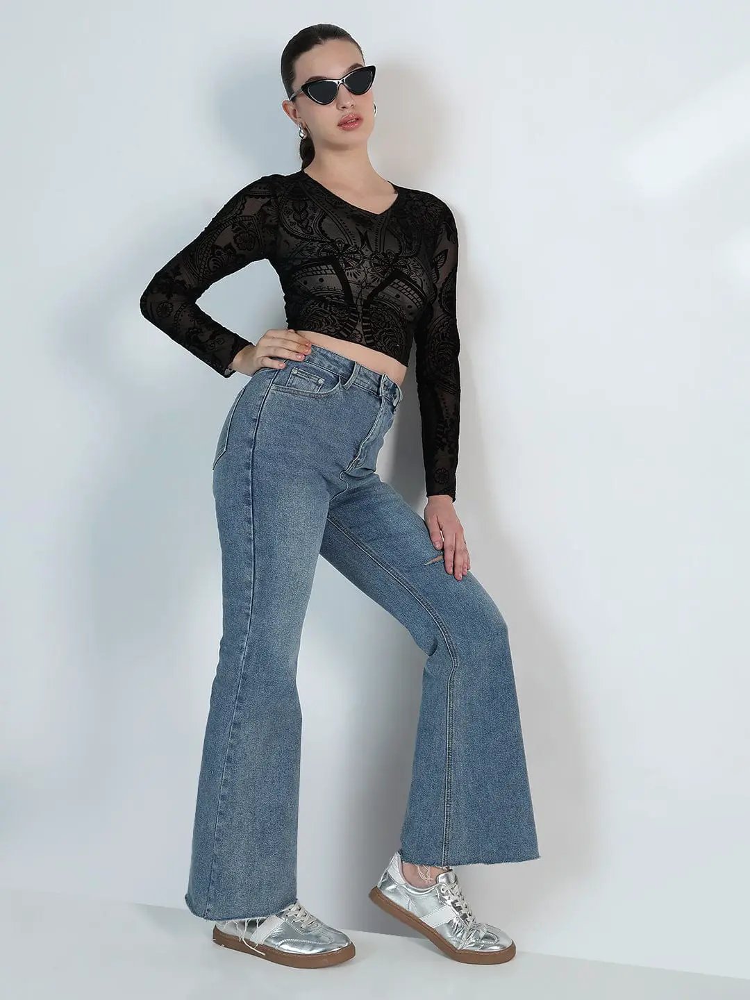 Buy Women's Printed Round Neck Black Mesh Crop Top | Showoffff