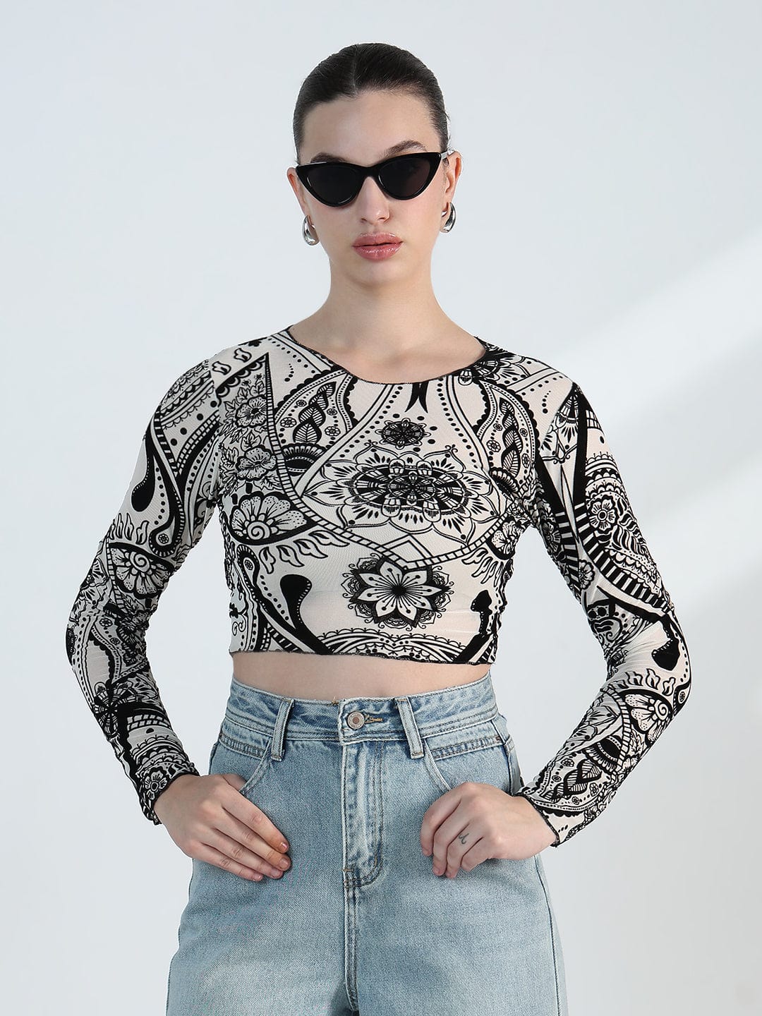 Women's Printed Round Neck White Mesh Crop Top