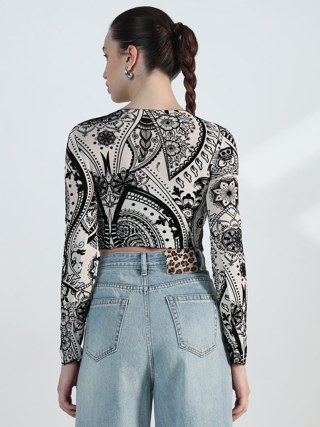 Women's Printed Round Neck White Mesh Crop Top