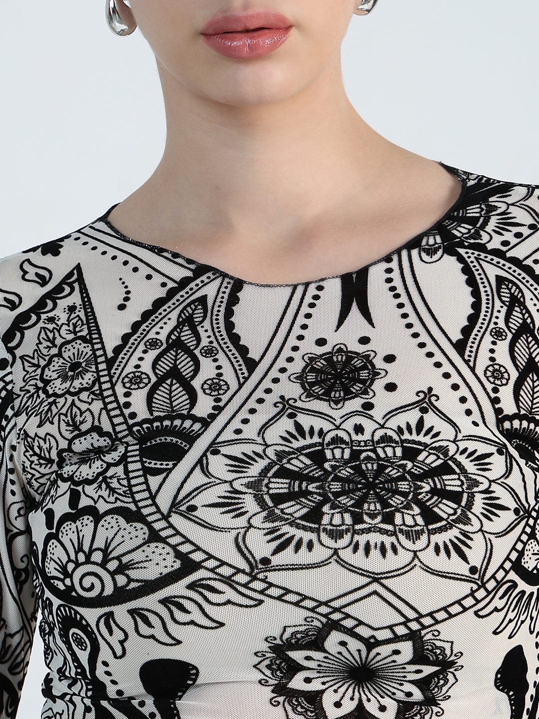Women's Printed Round Neck White Mesh Crop Top