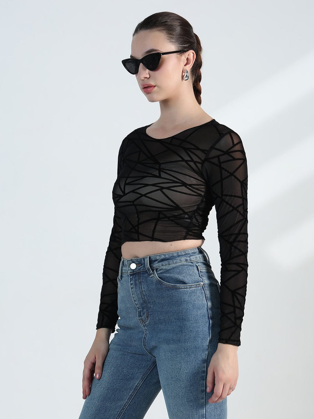 Women's Geometric Black Mesh Crop Top