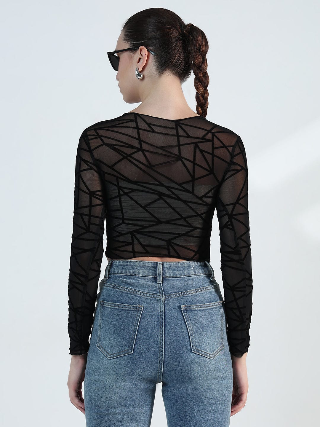 Women's Geometric Black Mesh Crop Top