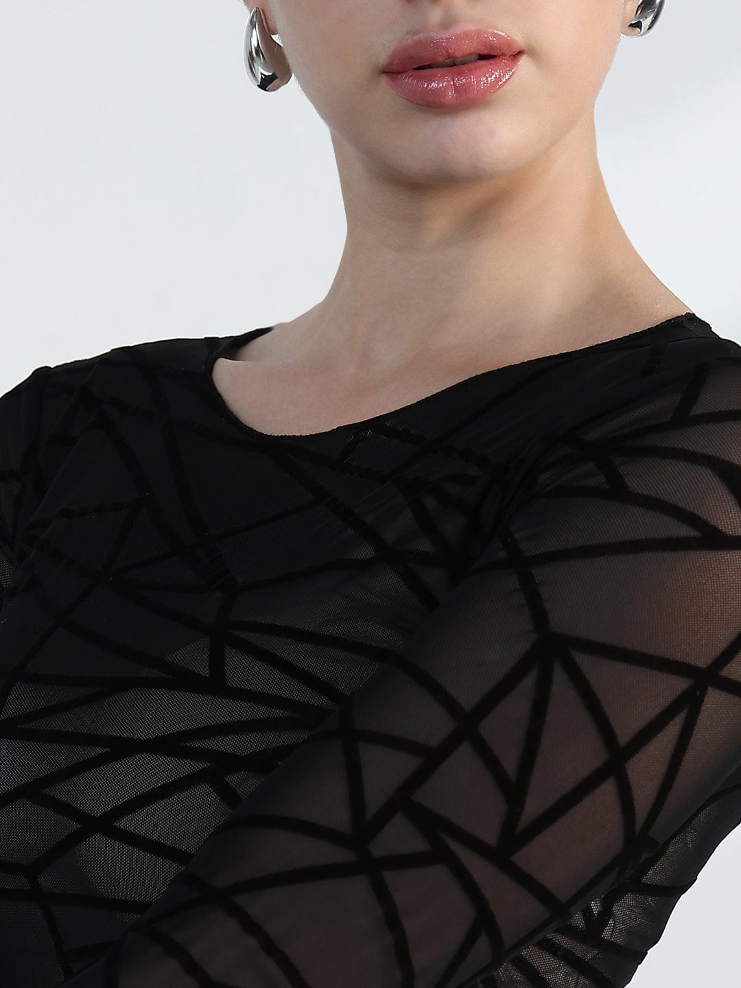 Women's Geometric Black Mesh Crop Top