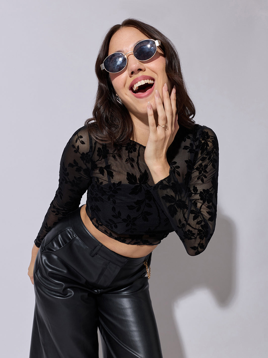 Women's Black Floral Flocked Mesh Top