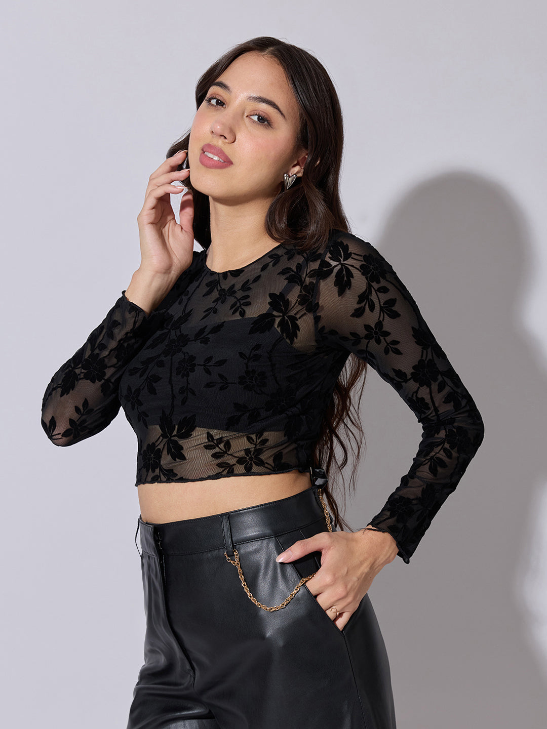 Women's Black Floral Flocked Mesh Top