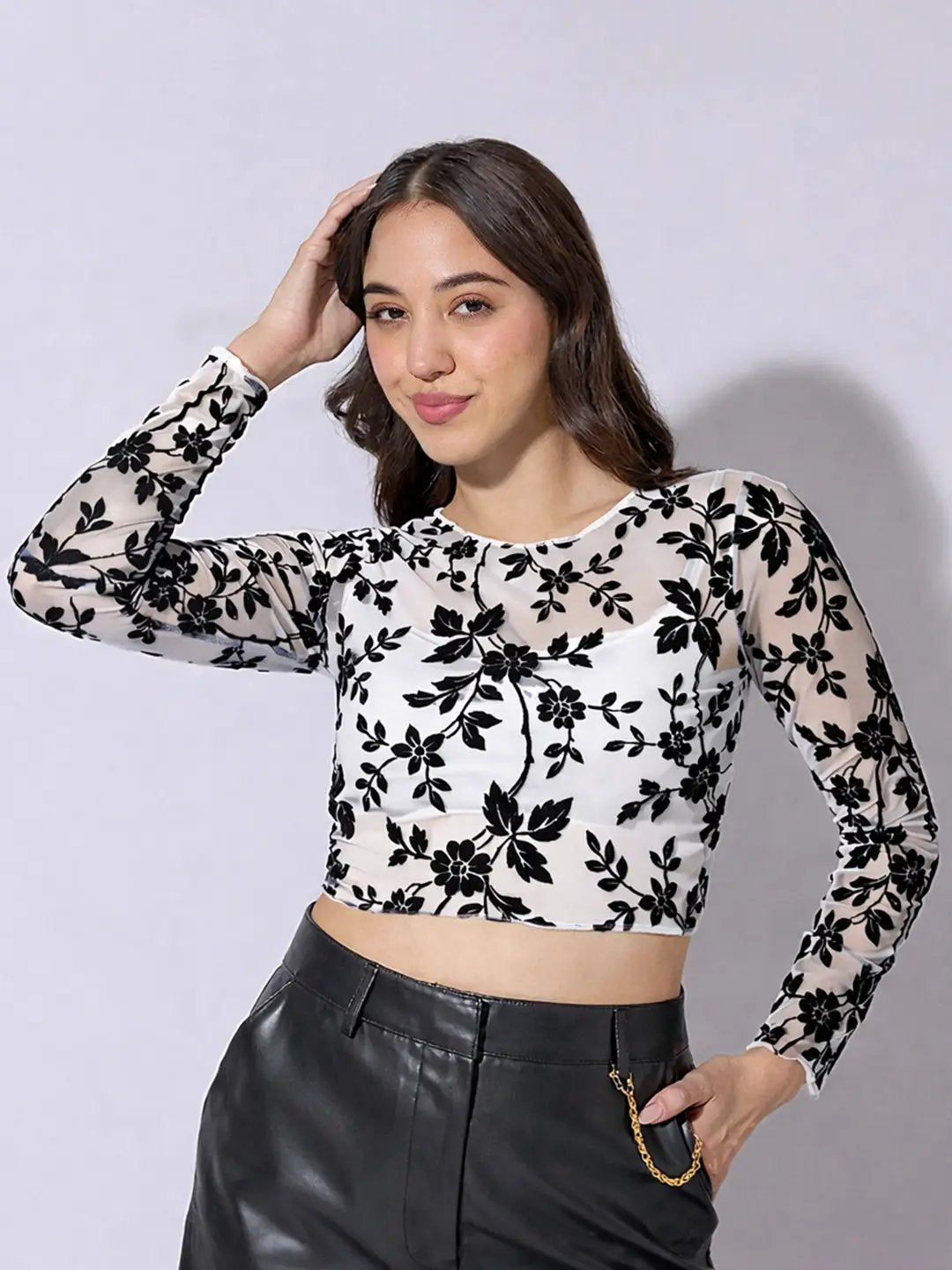 Women's Floral White Full Sleeve Mesh Crop Top
